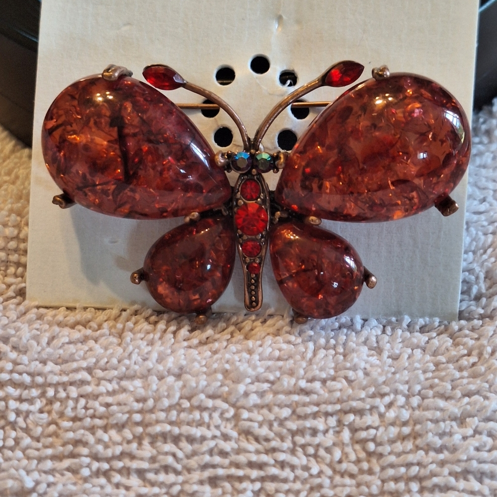 Red Acrylic Butterfly Brooch With Red Gemstones